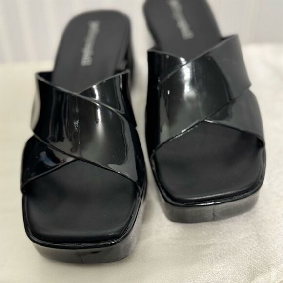 Jeffrey Campbell Black Patent Platform Mule Sandals Block Heel Size 7 US Y2K - Picture 2 of 9